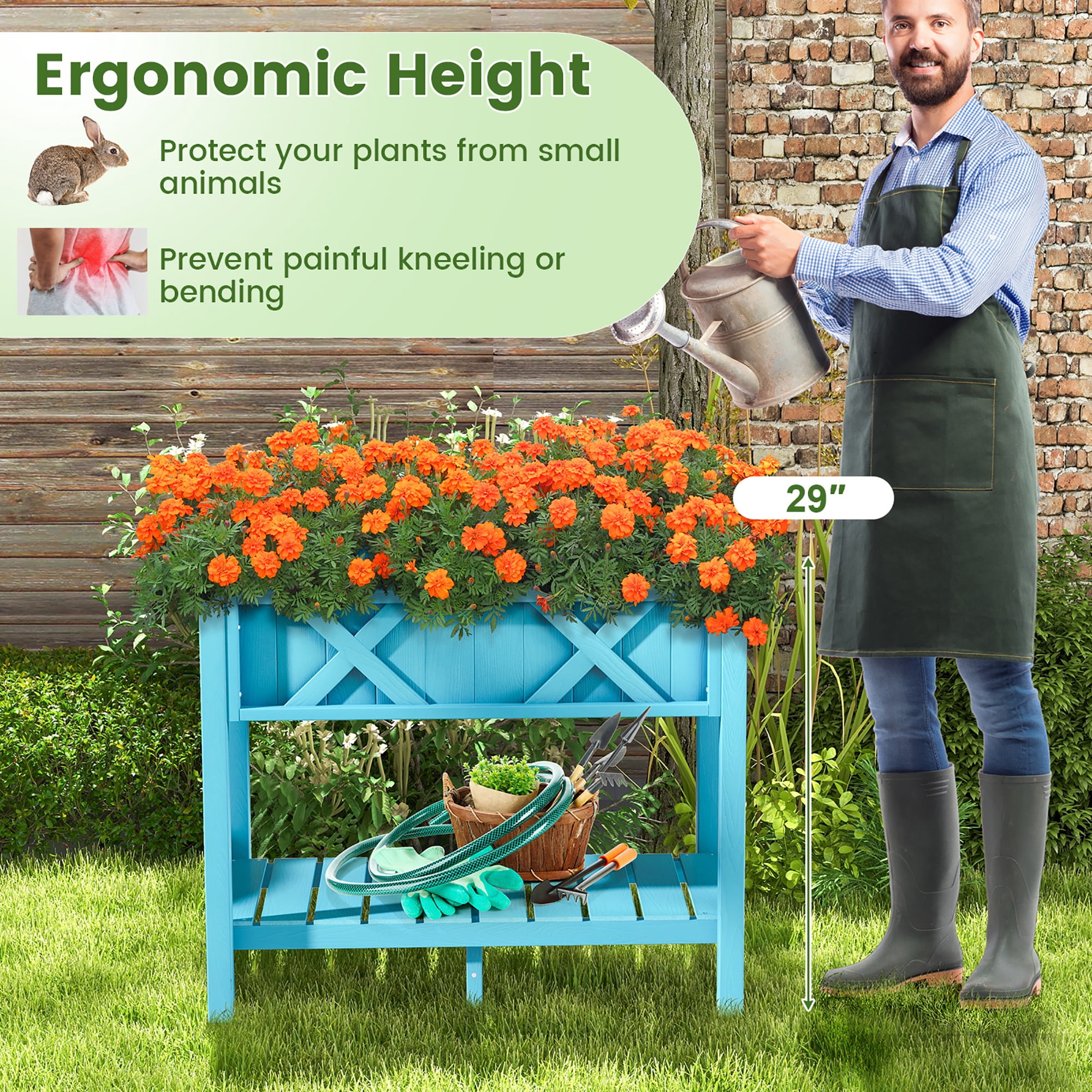 Gymax HIPS Raised Garden Bed Poly Wood Elevated Planter Box w/ Legs & Storage Shelf Blue