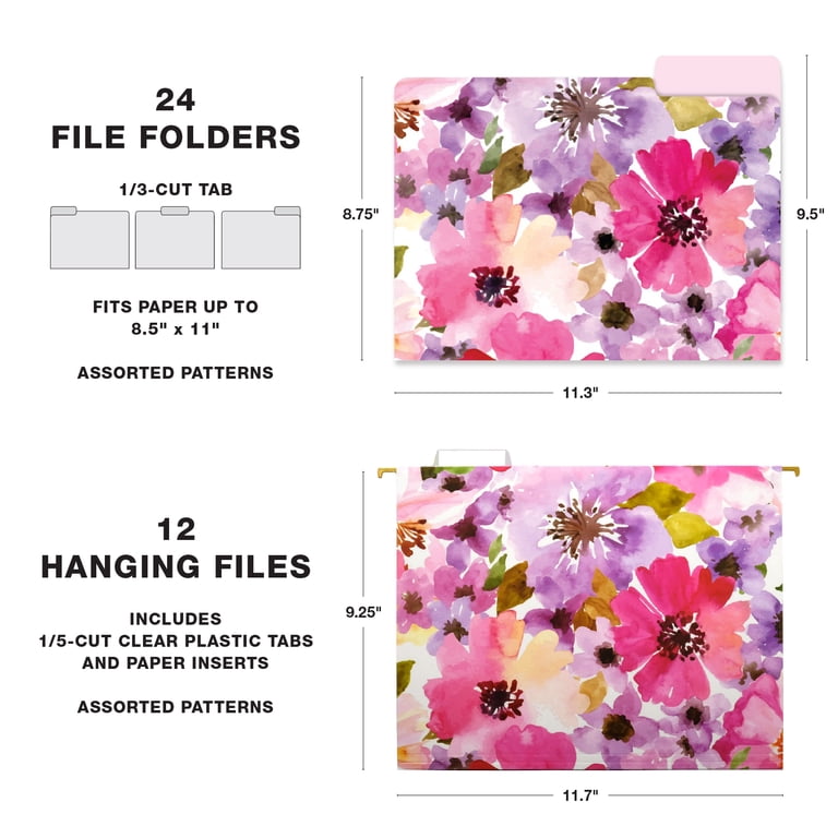 Global Printed Products Deluxe Designer Hanging File Folder Kit Includes Metal Basket 12 Folders 24 Folders Letter Sized Floral