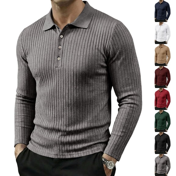 Trgacdwlo Knit Mens Polo Shirt V Neck Button Long Sleeve Shirt Men Ribbed Stretchy Business Casual Golf Polo Shirt Men White S