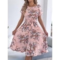 thumbnail image 6 of Women's Floral Elegant Pleated Midi Print Batwing Sleeve Tie Waist Dress for Daily Wear Pink S, 6 of 10