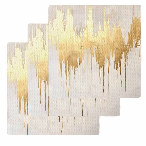 Modern Gold Kitchen Dish Towels for Drying Dishes Set of 3, Abstract Minimalist Grunge Art Color Block Waffle Weave Microfiber Hand Tea Bathroom Towels Quick Dry & Absorbent Towel 12x12