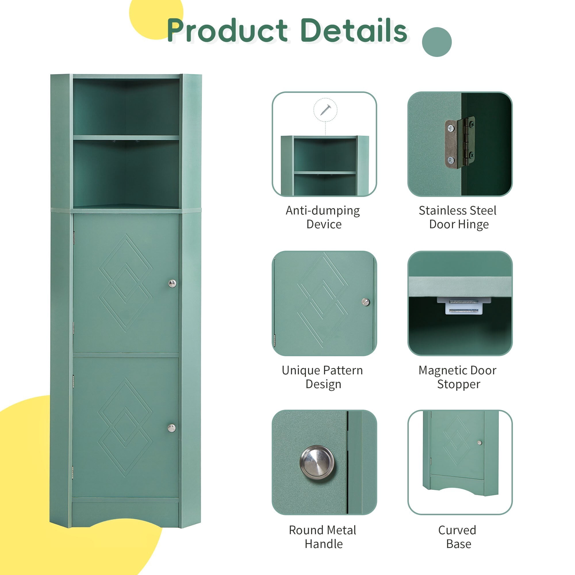 AENKYO Tall Corner Cabinet with Doors & Adjustable Shelves, Elegant Bathroom Storage Cabinet, Green