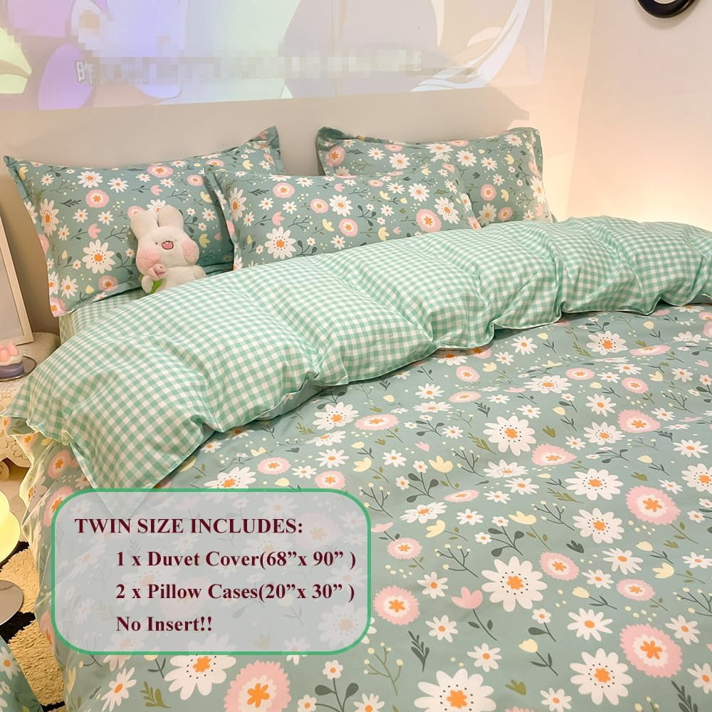 CinYana Sage Green Duvet Cover,Botanical Daisy Floral Duvet Cover Set,3 Pcs Kids Comforter Cover Set,Garden Flower Bedding Set,Soft Reversible for Girls Women Boys
