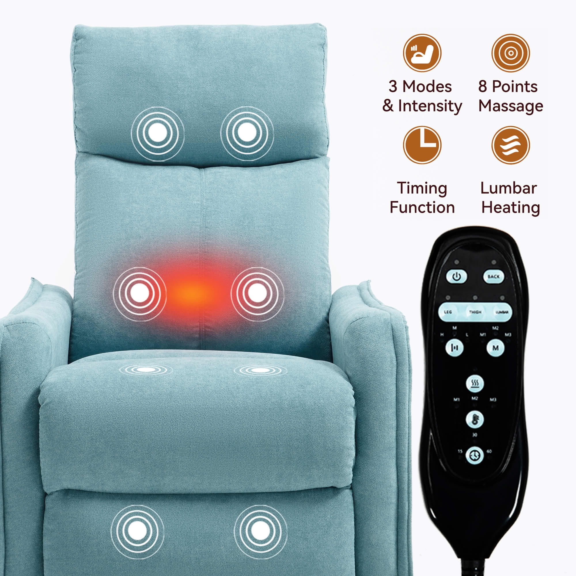 MAYEERTY Brown Chenille Heat Massage Recliner Chair, 360° Swivel Rocker for Living Room, 26"x35"x39"