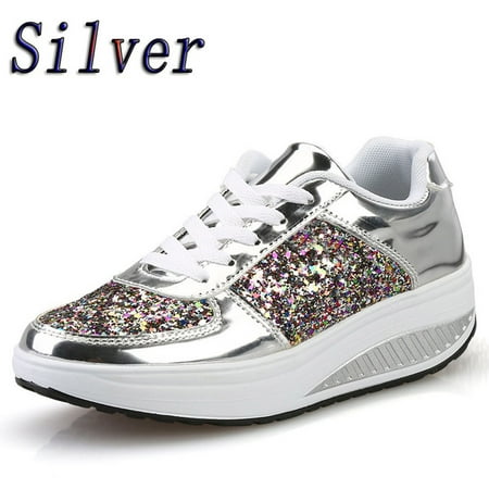 

Aayomet White Sneakers for Women Ladies Girls Women s Shoes Sport Sequins Wedges Shoes Shake Fashion Women s Silver 7