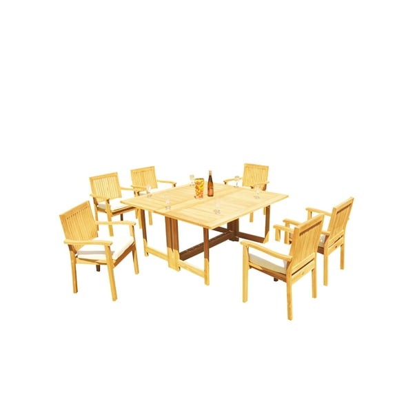 Grade-A Teak Dining Set: 6 Seater 7 Pc: 60" Square Rectangle Butterfly Table And 6 Leveb Stacking Arm Chairs Outdoor Patio WholesaleTeak #51LV1407
