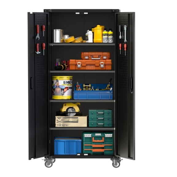 EastVita 72 Inch Garage Storage Cabinet with Wheels Locking Metal Cabinet with Door Pegboard 4 Adjustable Shelves Black