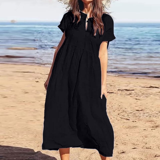 LOVZFMLL Robe d'Été pour Femme, Mode, Manches Courtes, Fente, Col Rond, Décontractée, Imprimée, Noire, P
