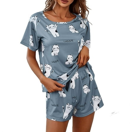 

Cute Letter Round Neck Short Sets Dusty Blue Short Sleeve Women Pajama Sets