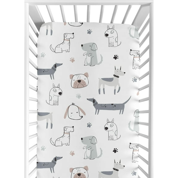 Sweet Jojo Designs Cartoon Puppy White Taupe and Blue Fitted Crib Sheet