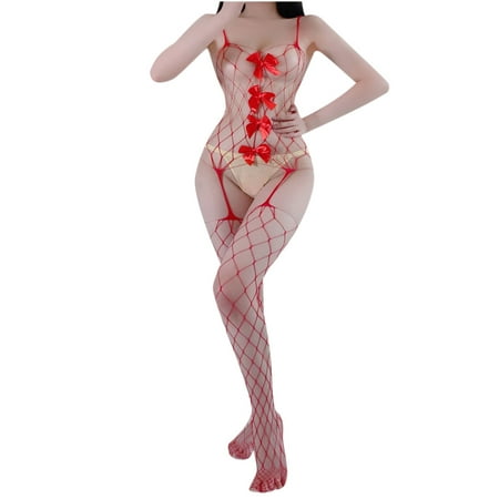 

kakina CMSX Clearance Ladies Fashion Fishnets Bowknot Perspective Hollow Out Sexy Sling Temptation Lingerie Underwear Bodysuit Red Free Size