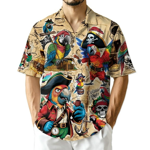 Netecom Pirate Parrot Hawaiian Shirt for Men, Bird Lover Gifts, Animal Button Down Summer Beach Short Sleeve Shirts, S-5XL