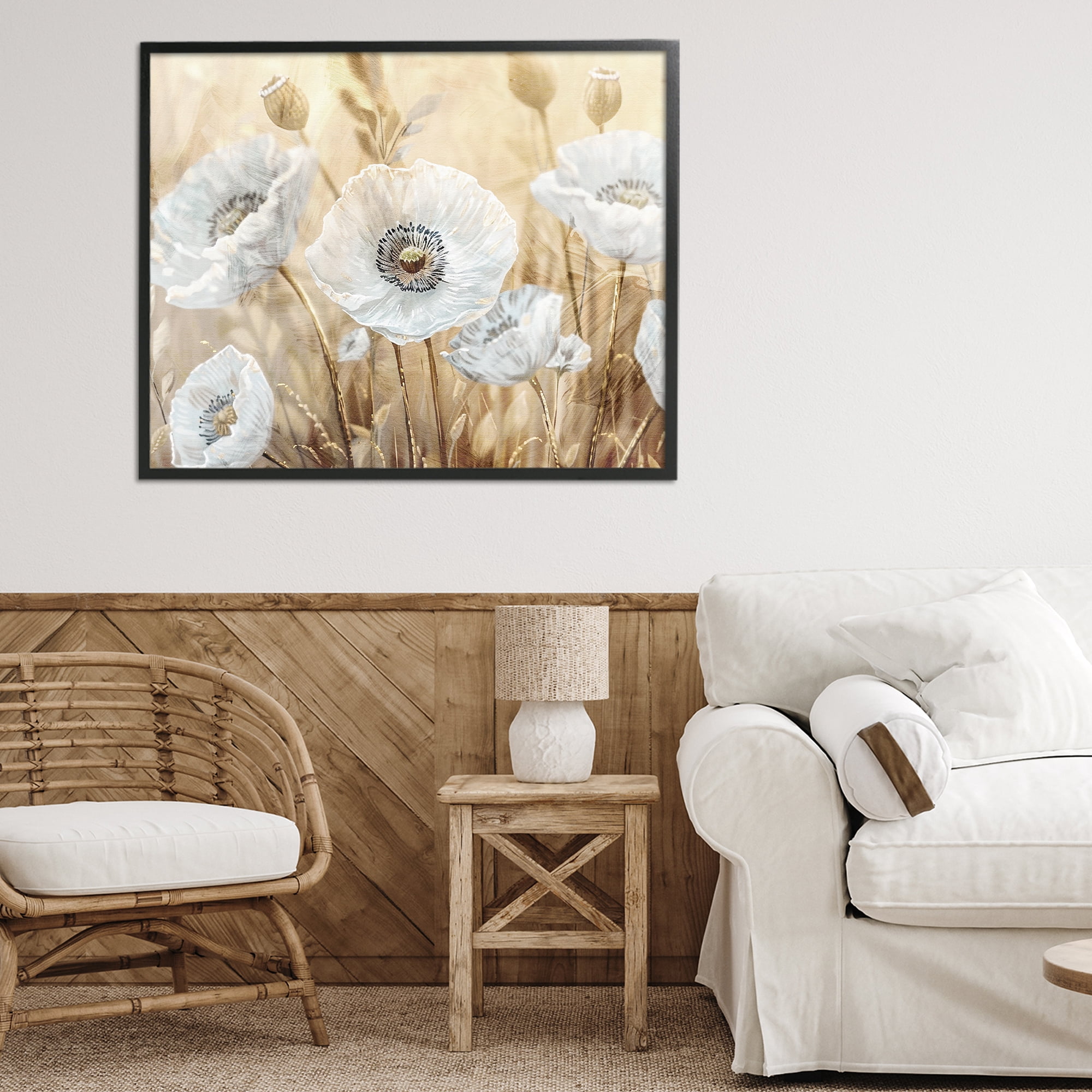 Stupell Industries White Poppies Beige Field Black Framed Giclee Art, design by Kim Allen