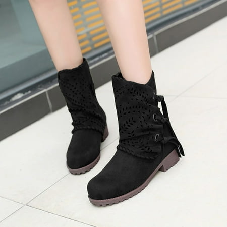 

symoid Womens Mid Calf Boots- Winter Suede Cut Out Ankle Boots with Chunky Heels and Low Drum in Solid Black 42