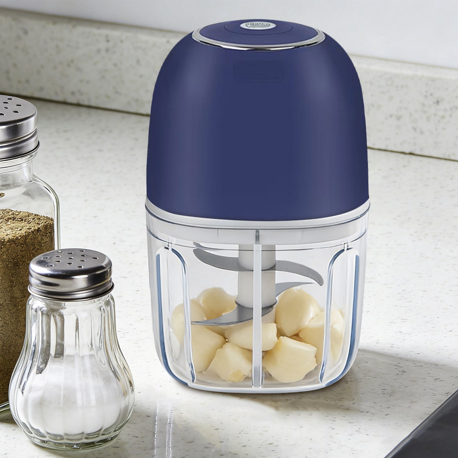 VMWMSSR High-Efficiency Garlic Chopper Electric, Easy Clean Mini 350Ml Food Processor, One-Touch Design Stainless Steel Blade Food Grinder For Kitchen, Camping & Travel Use Blue-14cm