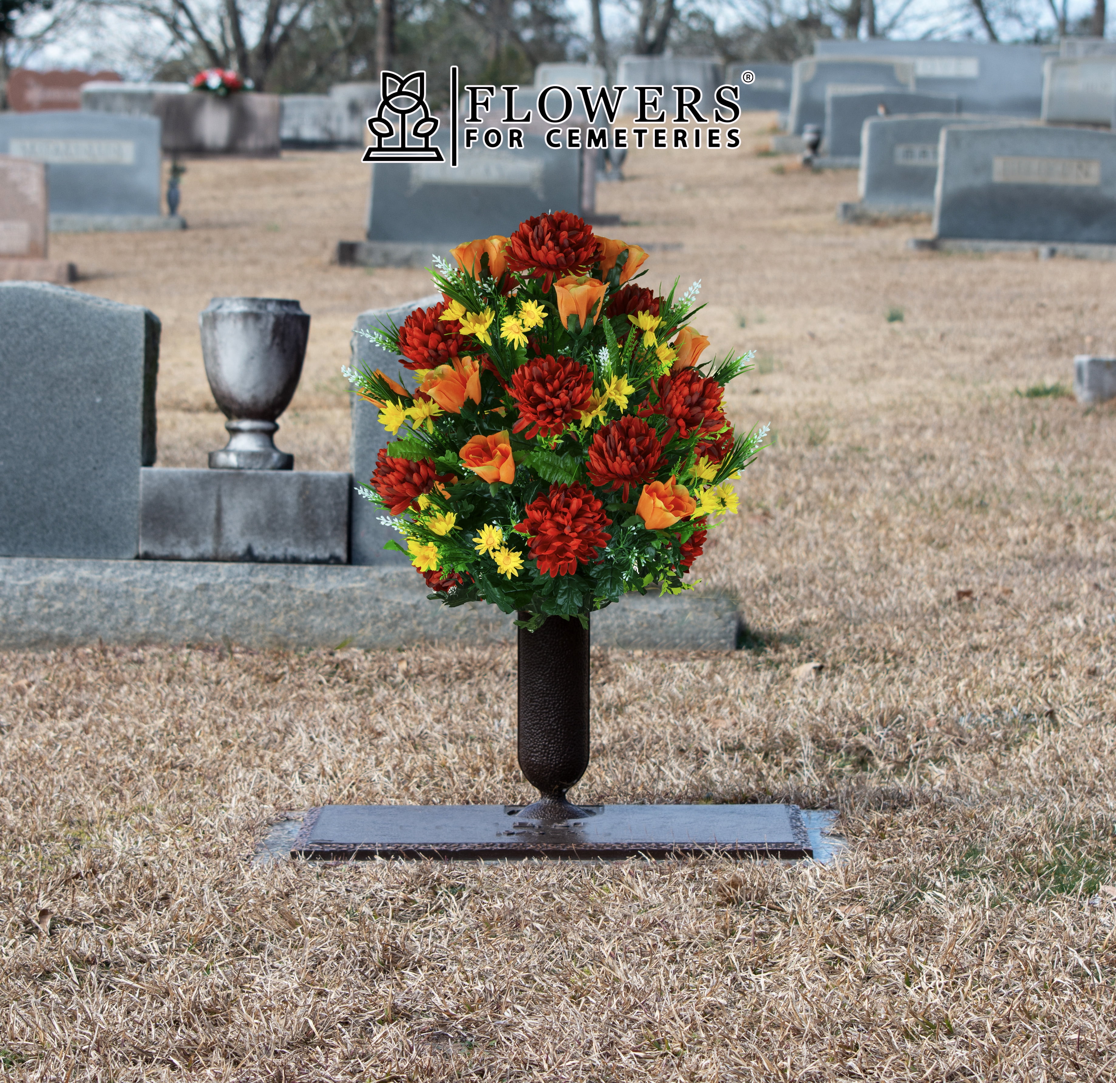Sympathy Silks Artificial Cemetery Flowers Burgundy Mum and Orange Rose Bouquet for Outdoor Vase