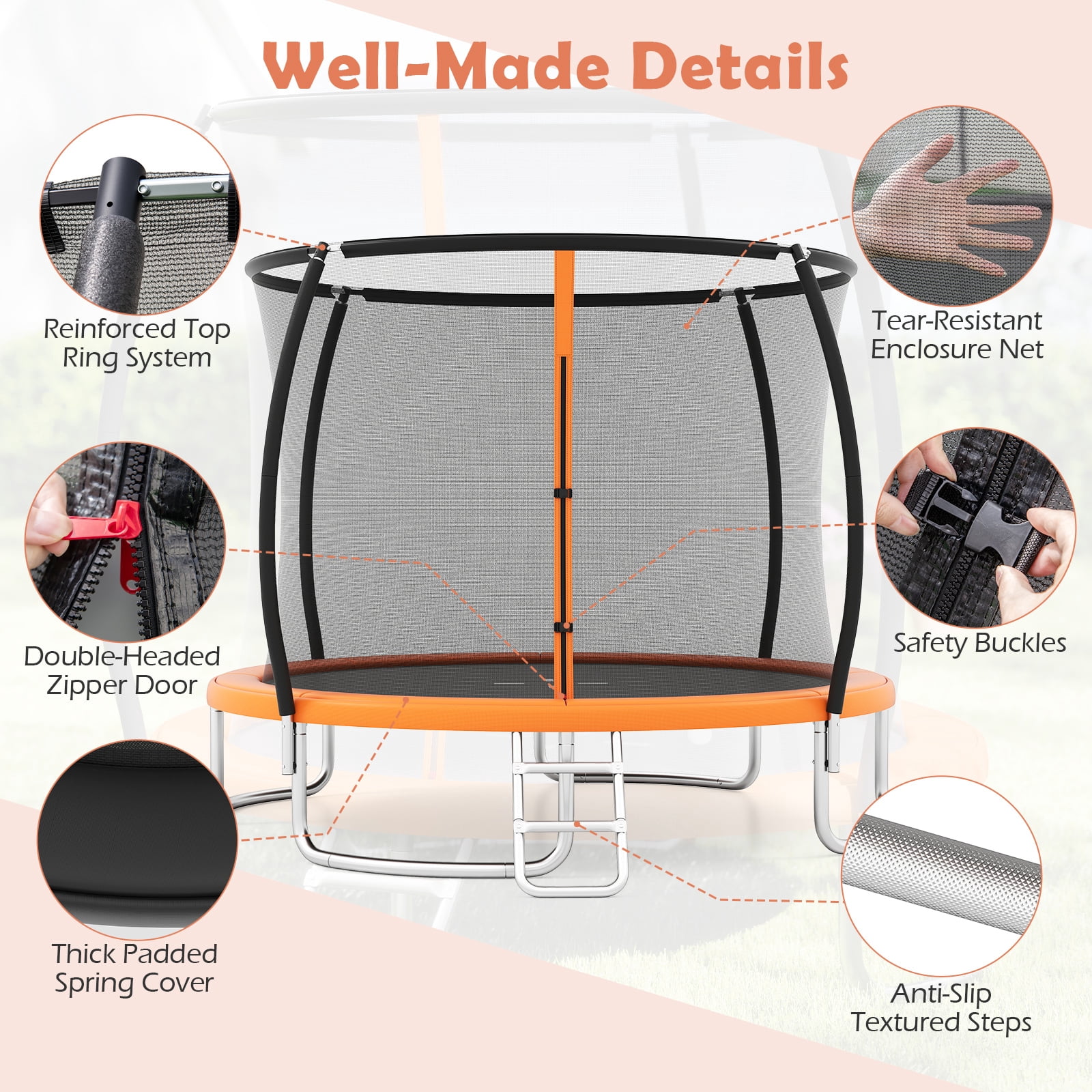 Gymax Outdoor Trampoline w/Safety Enclosure Net & Anti-Rust Galvanized Steel Frame Orange