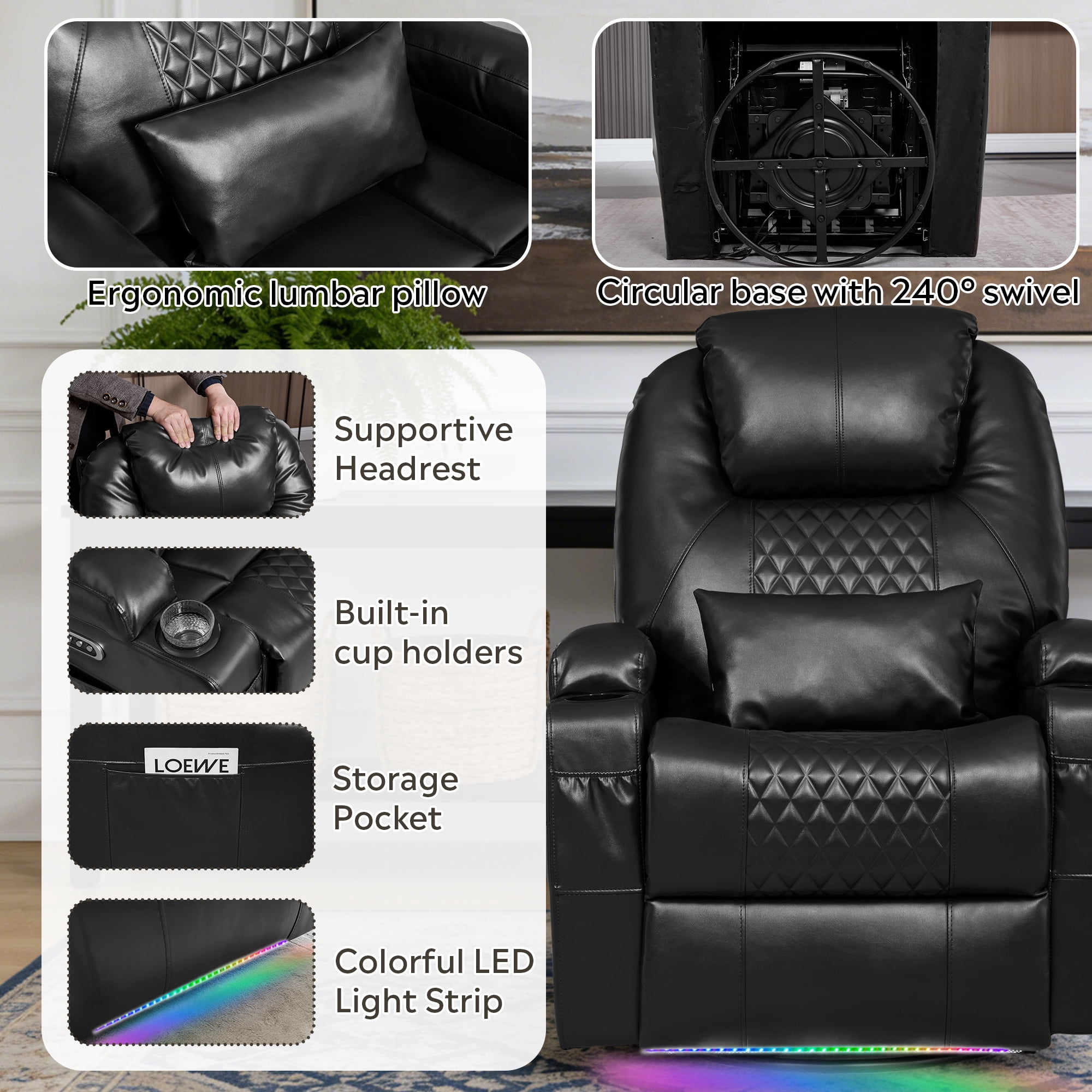 Dual Motor Power Swivel Rocker Recliner Chair for Adults with Heat and Massage, Electric Wall Hugger Rocking Recliner for Nursery Living Room with LED Lights, USB A&C Ports