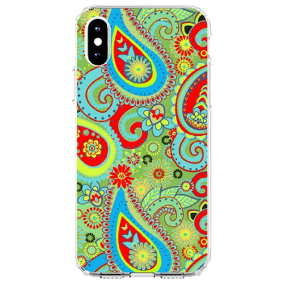 DistinctInk Clear Shockproof Hybrid Case for iPhone XR (6.1" Screen) - TPU Bumper, Acrylic Back, Tempered Glass Screen Protector - Green Red Blue Paisley