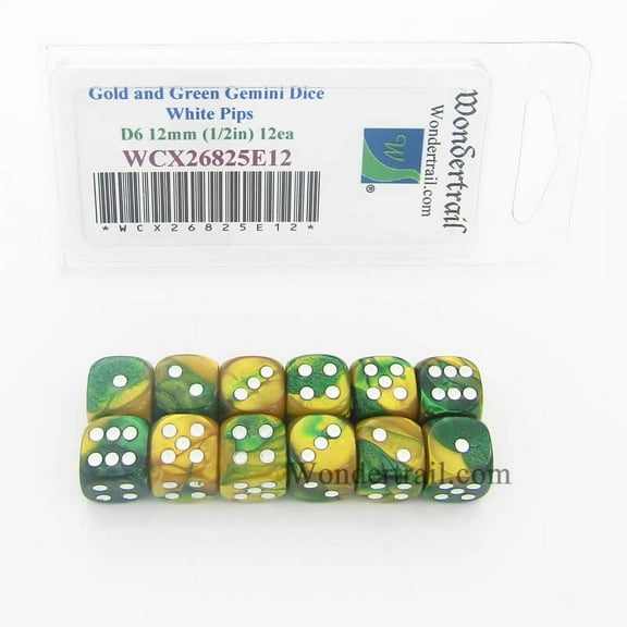 Gold and Green Gemini Dice with White Pips D6 12mm (1/2in) Pack of 12 Wondertrail
