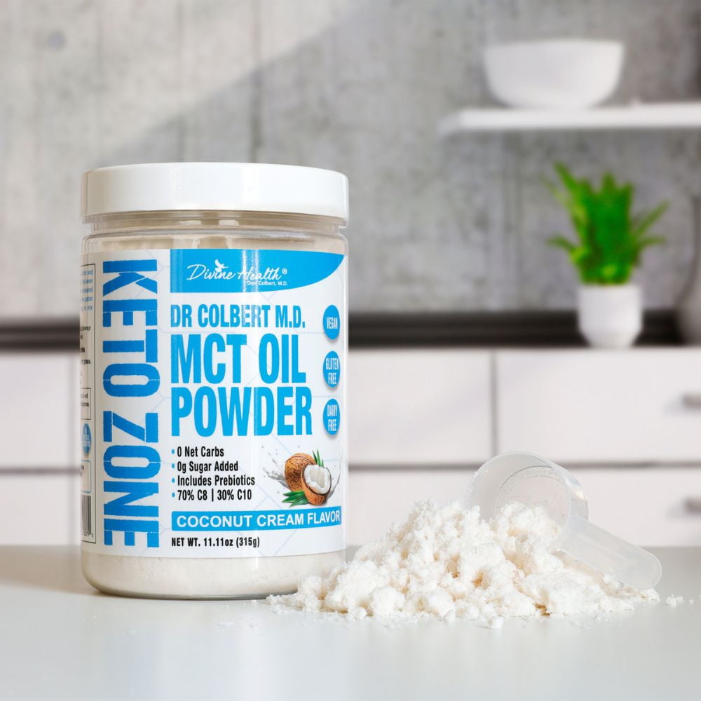 Dr. Colbert, MD MCT Oil Powder | Coconut Cream Flavor | by Divine Health | Keto Zone | 75/C8 25/C10 | 0 Net Carbs | 30 Day Supply | 315g