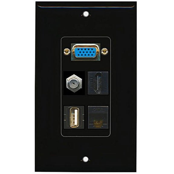 RiteAV - (1 Gang SVGA USB A-A HDMI Black Coax Black Cat6 Black Wall Plate 1 Gang Black