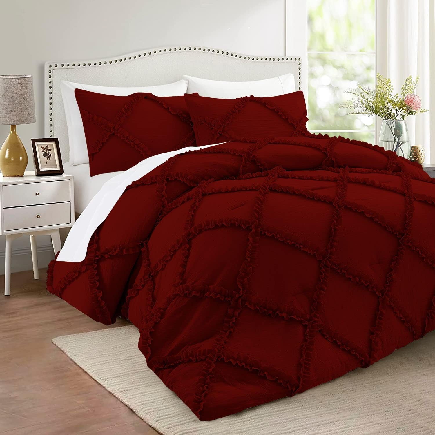 Duvet Cover Diamond Ruffle with Zipper Closure 1 Piece King/California King (94" x 104") Inches 100% Cotton 800 TC Premium Hotel Class Decorative Bedding with Corner Ties - Burgundy Solid