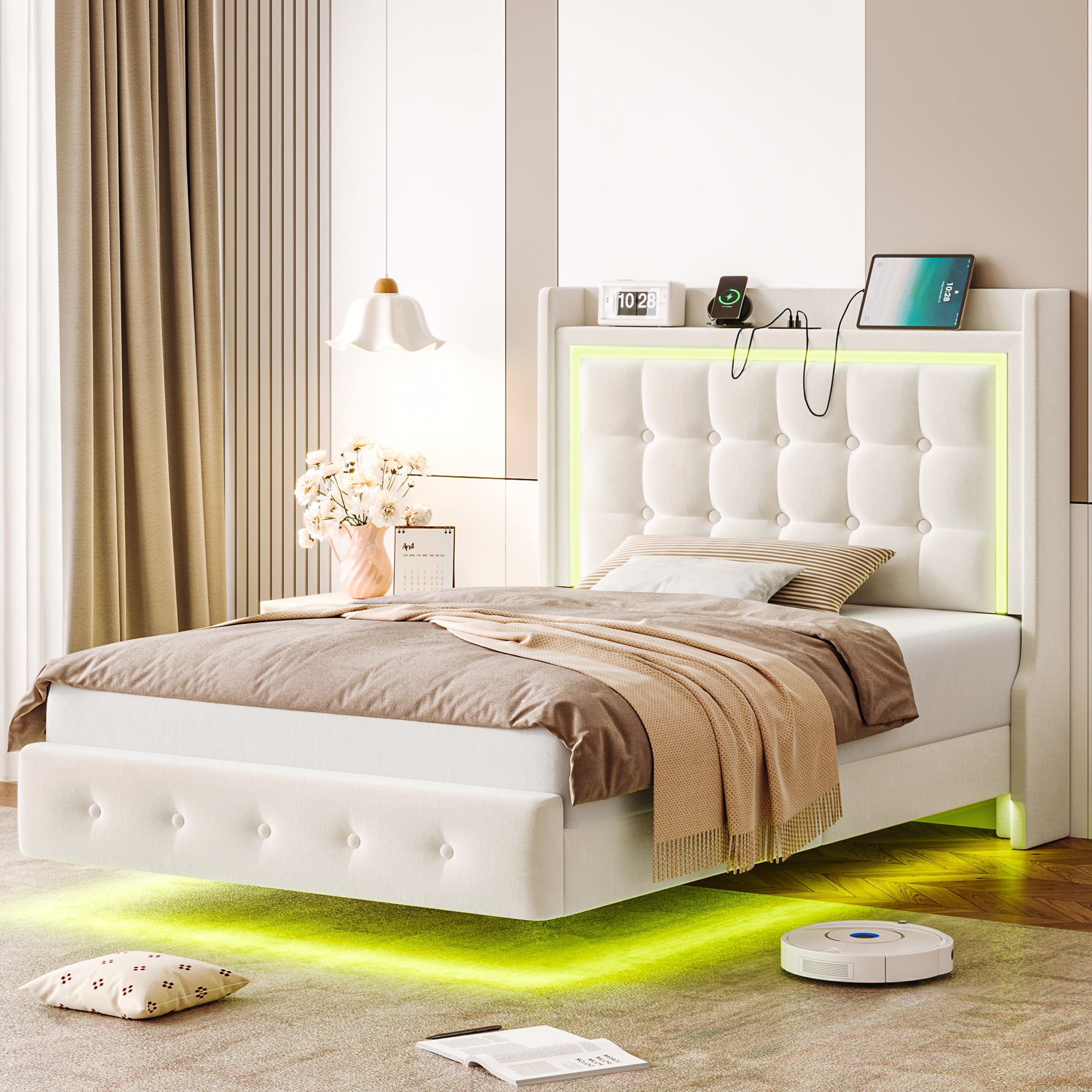 Homfa Twin Size Floating Bed Frame with RGB LED Lights Charging Station, Modern Velvet Upholstered Platform Bed Frame with Storage Headboard, Off-White