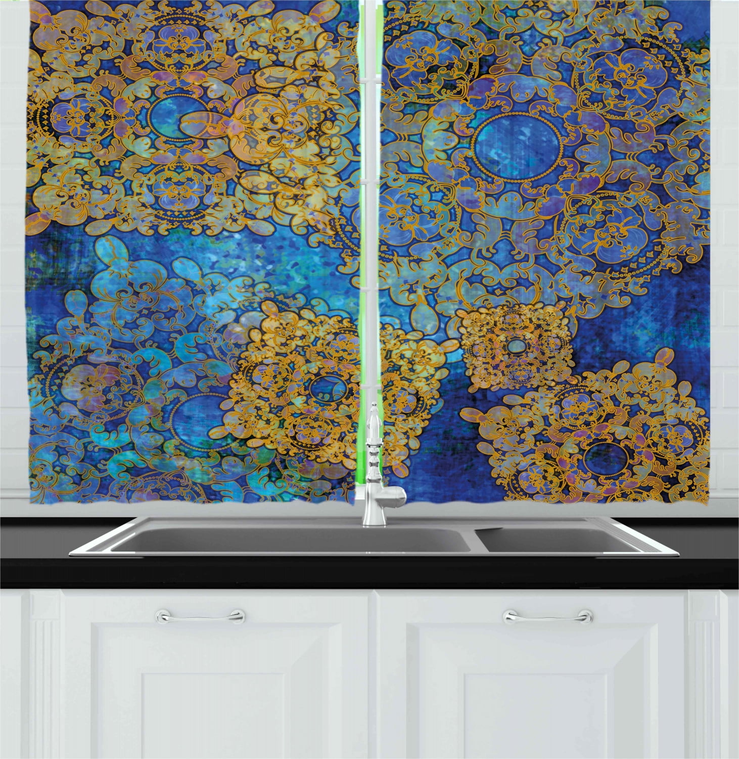 Ethnic Curtains 2 Panels Set, Traditional Persian Motif Oriental Moroccan Effects Exotic Style Boho Design, Window Drapes for Living Room Bedroom, 55W X 39L Inches, Pale Coffee Blue, by Ambesonne