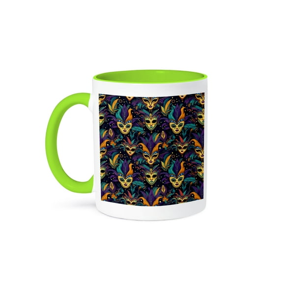 3drose, Pattern of Funny Mardi Gras Masks and Feathers, Awesome Gift for All, 15oz Two-tone Green Mug