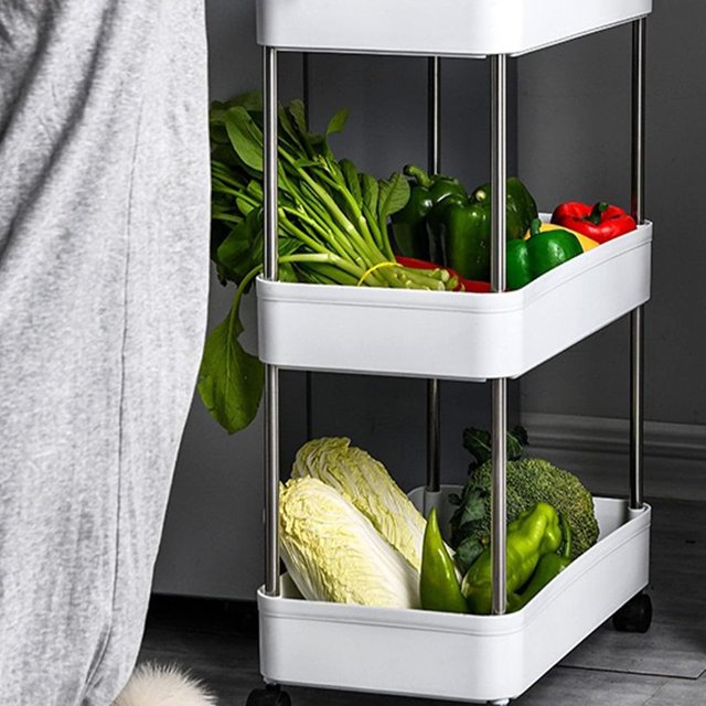 3-Tier Storage Rack with Wheels Compact Rolling Storage Organizer Plastic Rolling Utility Cart Space Saving Movable Kitchen Storage Cart for Entryway, Kitchen, Living Room, Bathroom