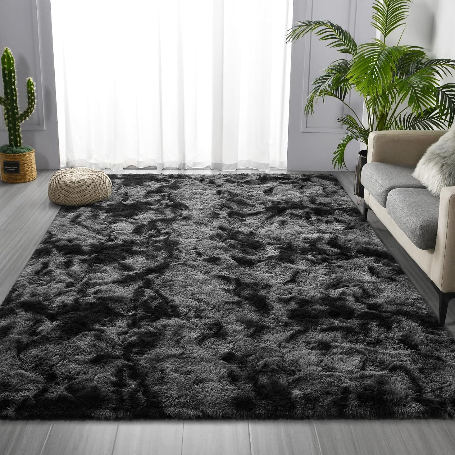Noahas Fluffy Area Rug for Living Room Bedroom, 4 x 6 Tie-Dyed Dark Grey Rug Fuzzy Non-Slip Modern Carpet Ultra Soft Faux Fur Rugs for Dorm Kids Room Home Decor