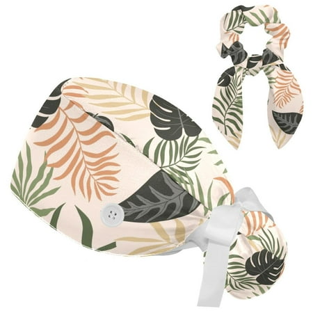 

Working Cap with Buttons and Sweatband Scrub Hat Bouffant Caps with Scrunchie Palm Leaves Tie Back Hats