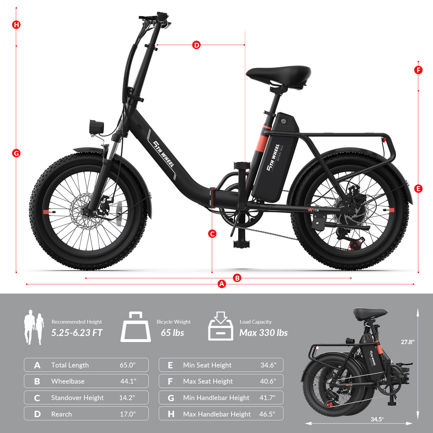 5TH WHEEL W11B 20" Fat Tire Electric Bike, Black photo 8