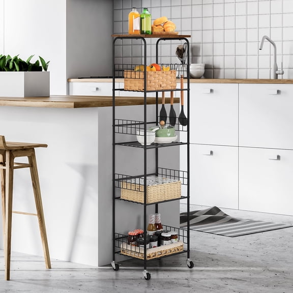 6 Tier Narrow Slim Rolling Kitchen Storage Cart, Brown, 55in Tall, with 5 Hooks