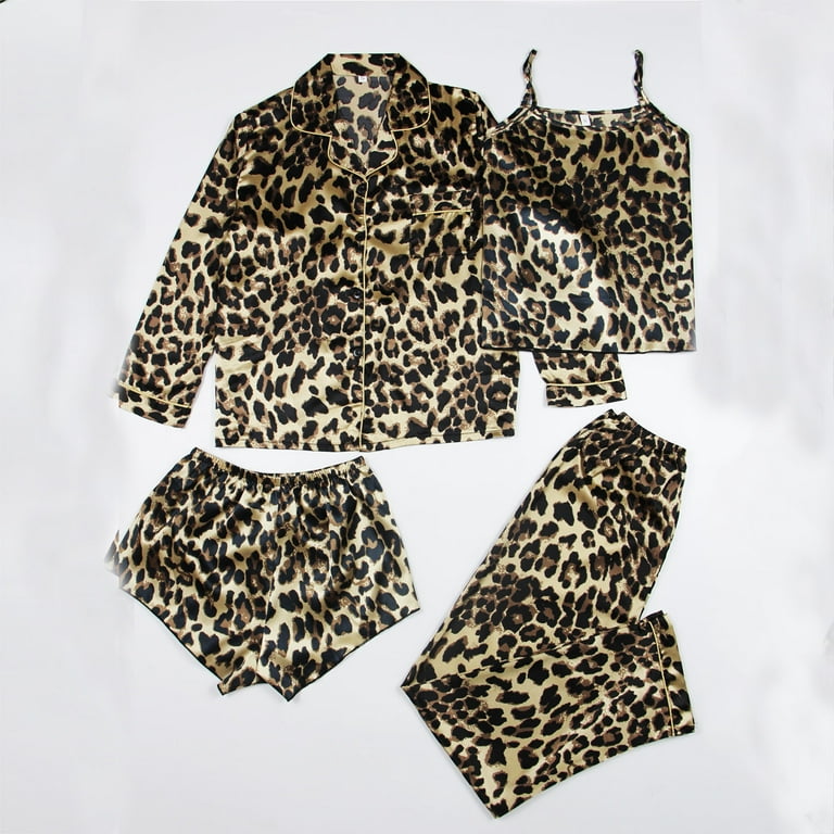 JSKUMAR Women's 4 Pieces Satin Pajamas Sets Leopard Print Buttons