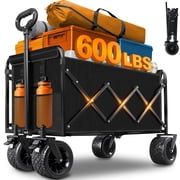 Kovryx Heavy Duty Folding Utility Wagon, 600lbs Capacity, Tank Tread Wheels & All-Wheel Brakes for Extreme Terrain, Deep Black
