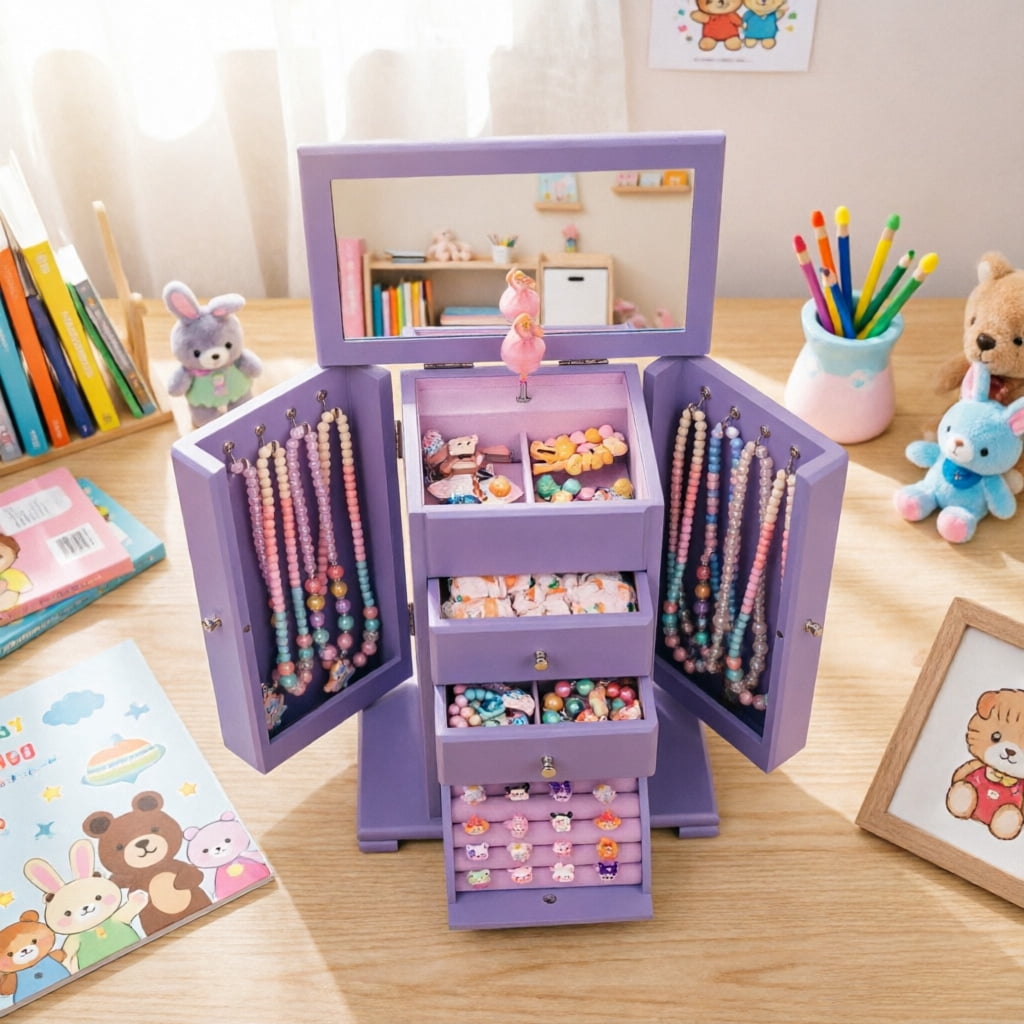 Sfugno Music Jewelry Box for Girls, Wooden Jewelry Boxes & Organizers with Mirror, 4 Layer Jewelry Organizer Box Display for Rings Necklaces Bracelets,Purple