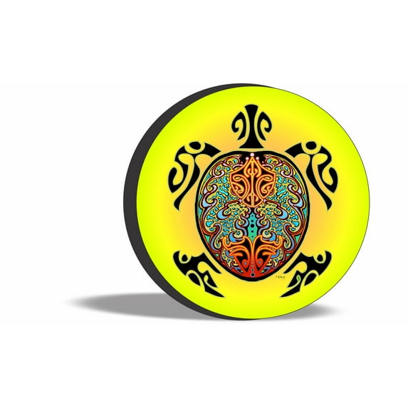 TIRE COVER CENTRAL Turtle tribal multi color graphic with yellow background spare Tire Cover for 255/75R17 fits camper jeep rv scamp trailer(drop down size menu-all sizes available)