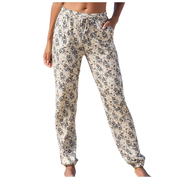 Luwomo Casual Pants Womens High Waist Floral Print Boho Beach Elastic Waist Long Straight Leg with Pockets Regular Trousers Beige,L
