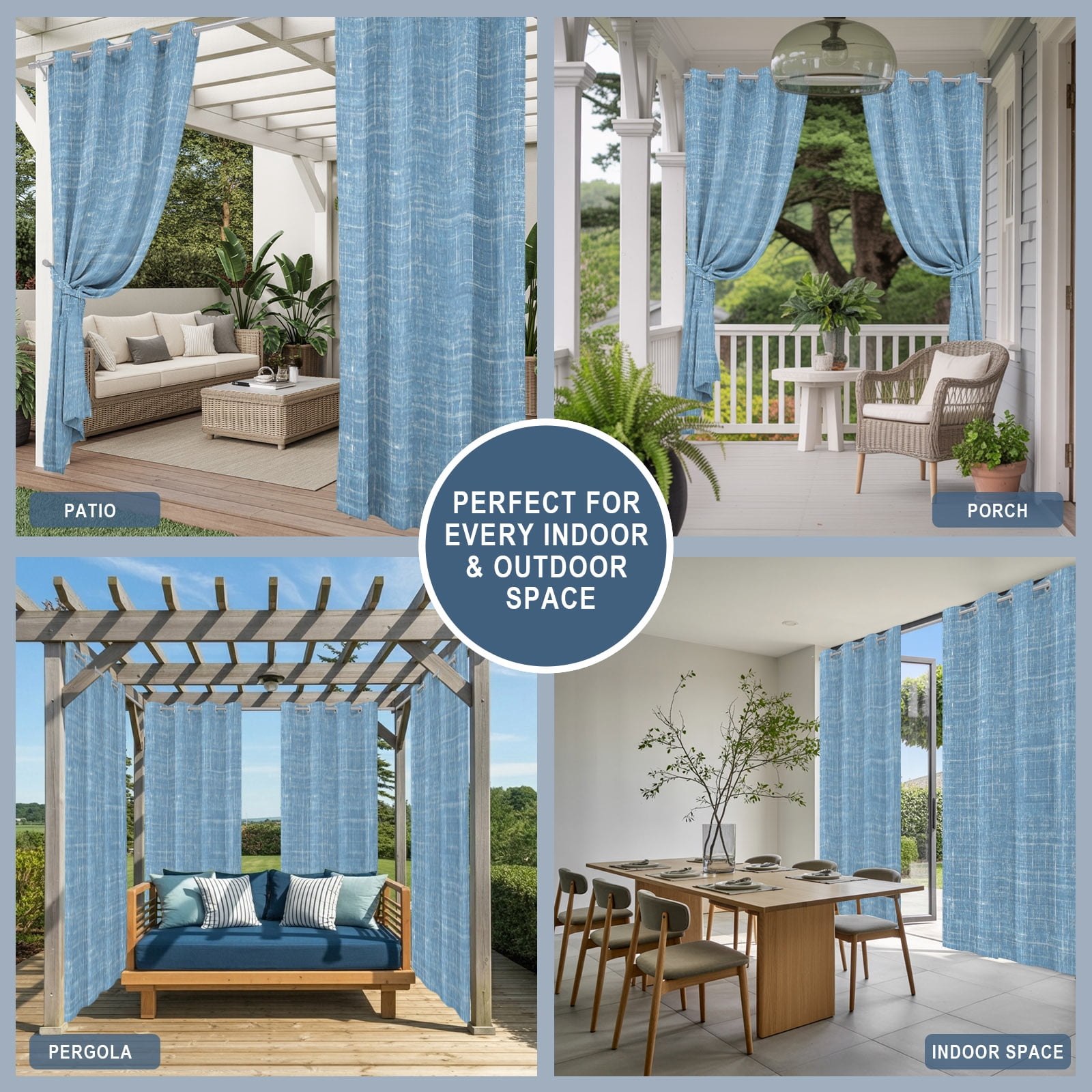Sky Blue Outdoor Curtains for Patio, Abstract Modern Farmhouse Solid Color Sunshade Privacy Drapes Grommet Waterproof Outside Curtains for Porch/Cabana/Balcony 54"x 95", 2 Panel