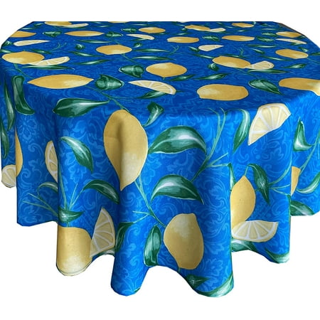 

Newbridge Mediterranean Lemon Zest Indoor/Outdoor Print Fabric Tablecloth French Provence Blue and Yellow Lemon Design Water and Stain Resistant Tablecloth 60 Inch x 102 Inch Oblong/Rectangle