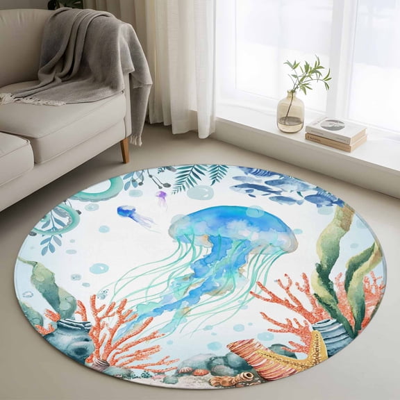 Jellyfish Coastal Round Area Rug 3.3Ft Washable Circle Rugs for Dining Room Table, Summer Nautical Starfish Coral Ocean Non-Slip Carpet Floor Mats Indoor Outdoor Carpet Runner Aesthetic Home Decor