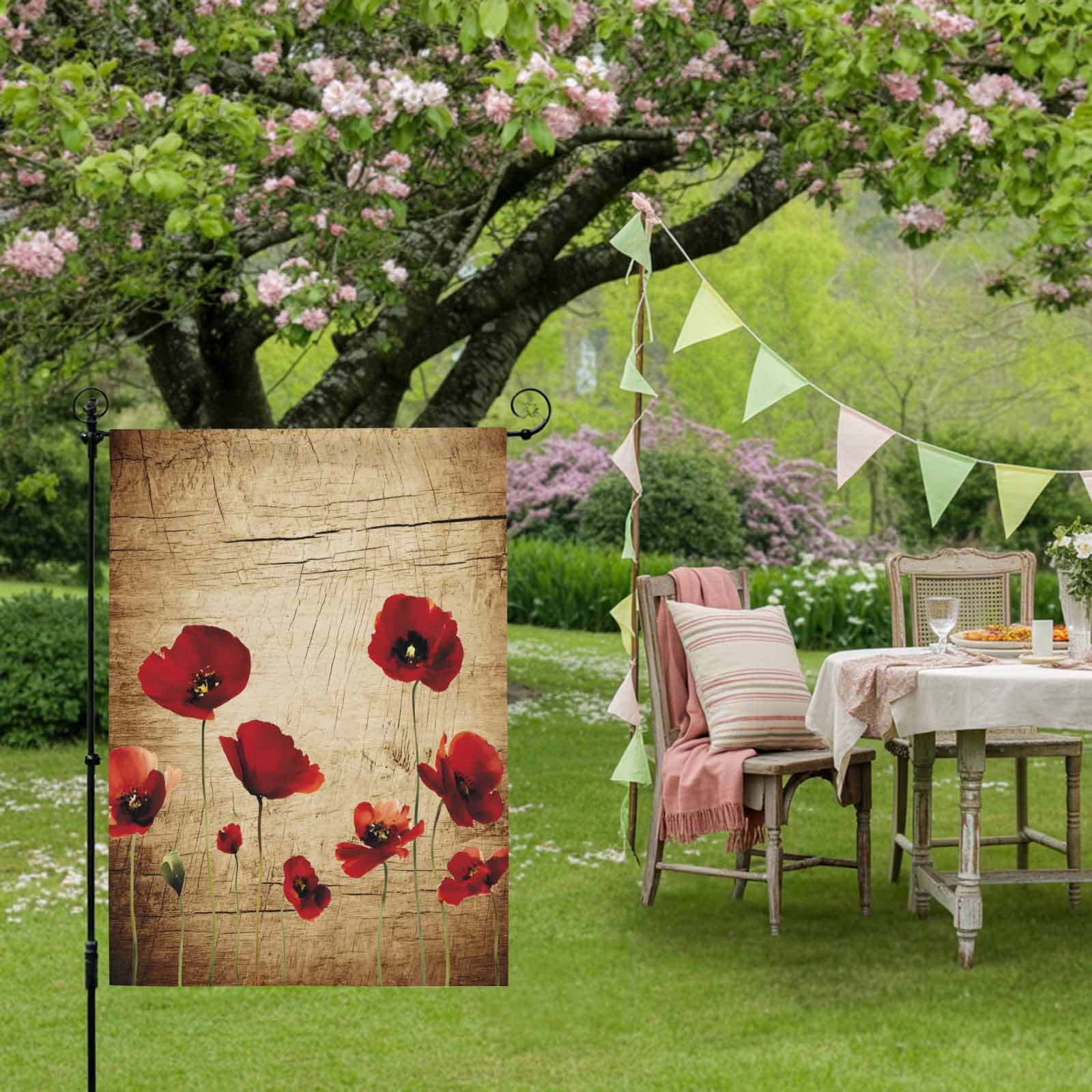 Red Flowers House Flag 28 x 40 Inches, Vintage Red Floral Brown Wood Grain Weather Proof Outdoor Patio Flags Double Sided Small House Decoration for Yard Lawn Outside Home