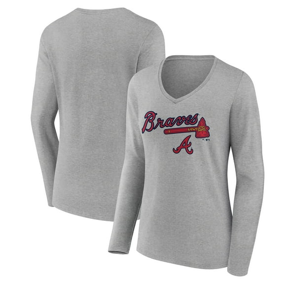 Women's Gray Atlanta Braves Team Lockup Long Sleeve V-Neck T-Shirt