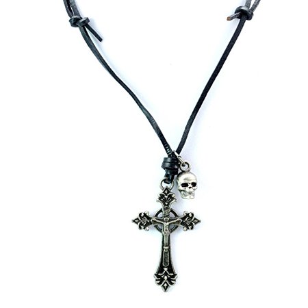 Fashion Jewelry Punk Biker Religious Cross and Skull Pendant Charm Leather adjustable Necklace - Men Women