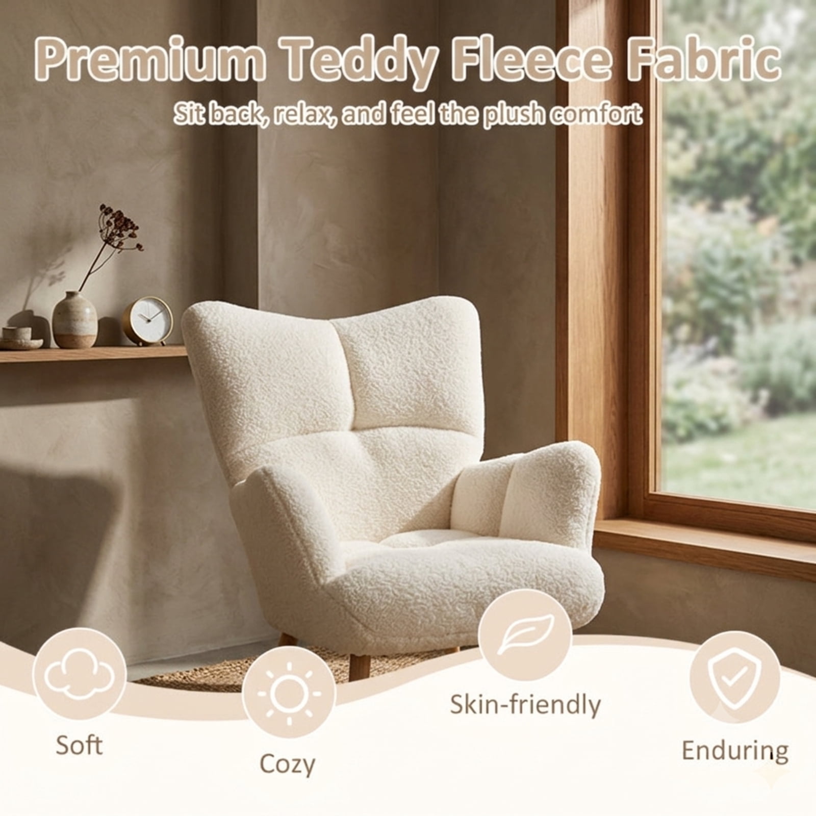 Furnibear Nursery Rocking Chair with Cozy Teddy Fleece Upholstery Wide Backrest Padded Armrests and Anti-Rollover Base for Nursery Room, Beige