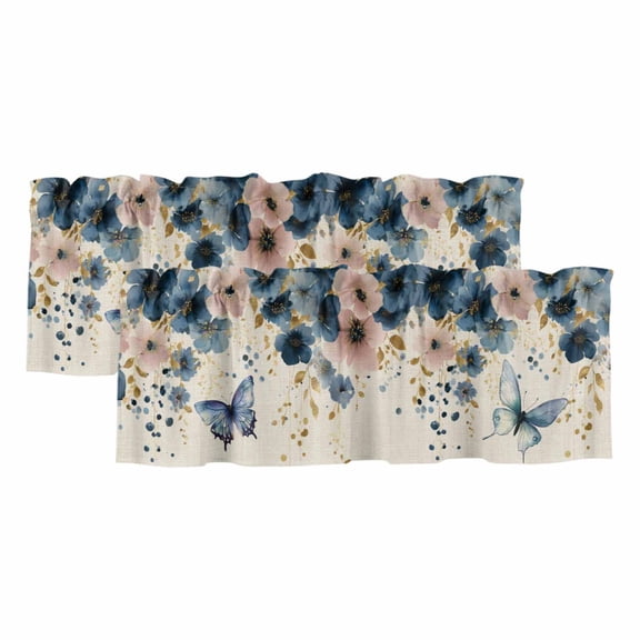 Weeping Blue Floral Curtain Valances for Windows, Kitchen Valance Window Treatments Panel 2 Pack, Spring Butterflies Flowers Linen Rod Pocket Short Curtains for Bathroom Bedroom 42 x 18 Inch