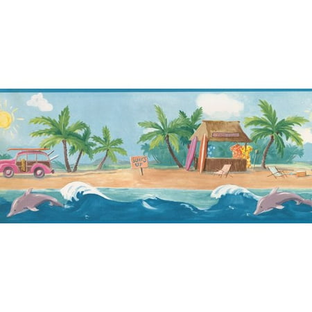 Beach Scene Wallpaper Border York Wallcoverings Surf's Up Beach Palm Trees Sea Dolphins 15' L x 10.25'' W Abstract Wallpaper Border ()