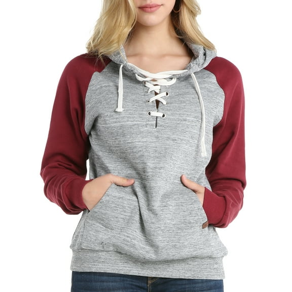 Doublju Women's Casual Lace Up Pullover Pocket Hoodie With Plus Size